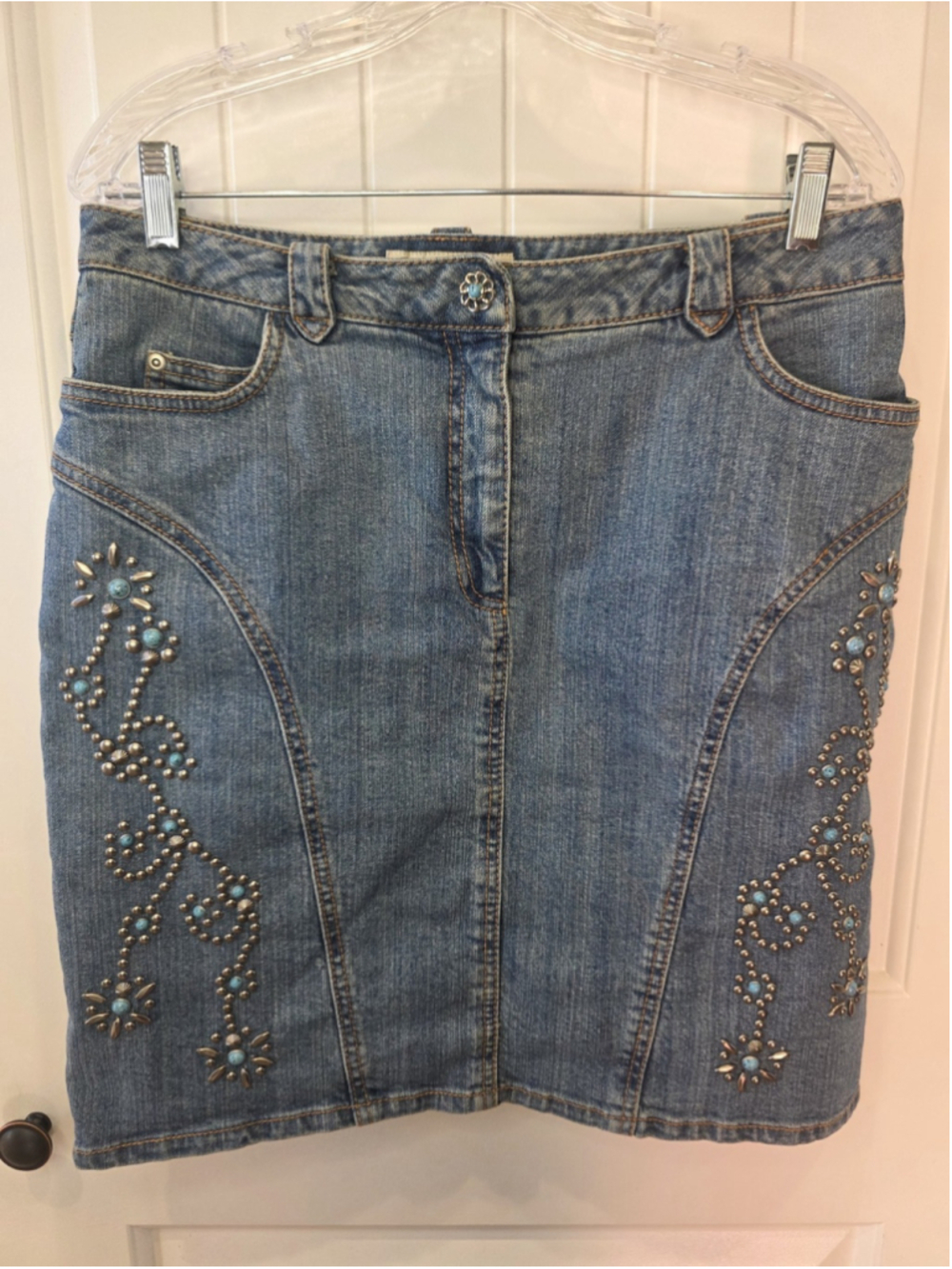 Cripple Creek Denim Western Knee Length Skirt Sz 10 Blue Studded Turquoise Embel - Picture 2 of 10
